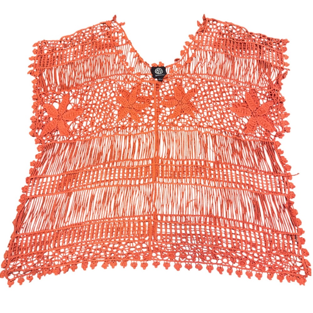Bobeau Coral Crochet Lace Top Floral Open Knit Boho Hippie Beach Vacation Core L